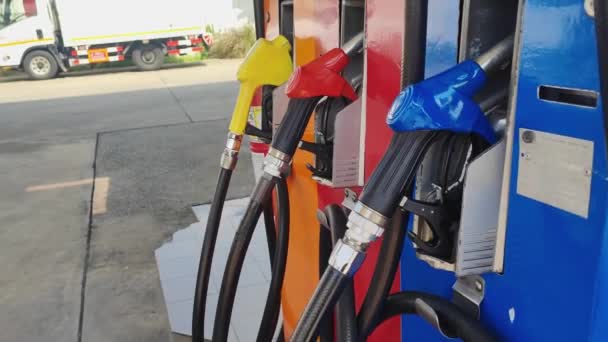 Close Fuel Dispenser Gas Pump Nozzle Concept Fuels Transportation Refuel — Stock Video