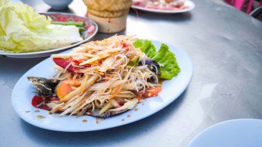 Bir sürü lezzetli Somtam Sua yengeci ve turşulu balık, papaya ve khanom jeenThai sokak yiyecekleri ile Somtam Khanom Jeen Tayland dilinde Somtam Khanom Jeen olarak bilinen Vermicelli ile Papaya salatası
