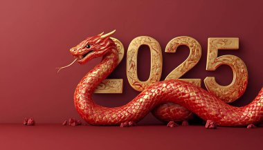 2025 Çin usulü. lüks kırmızı ve altın rengi Çin yılanı yeni yıl arkaplanı metin için kopya alanı ile