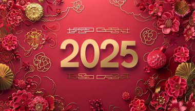 2025 Çin usulü. lüks kırmızı ve altın rengi Çin yılanı yeni yıl arkaplanı metin için kopya alanı ile