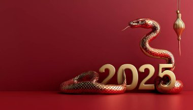 2025 Çin usulü. lüks kırmızı ve altın rengi Çin yılanı yeni yıl arkaplanı metin için kopya alanı ile
