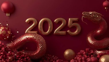 2025 Çin usulü. lüks kırmızı ve altın rengi Çin yılanı yeni yıl arkaplanı metin için kopya alanı ile