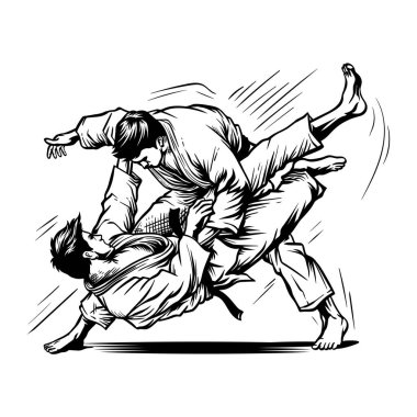 Bir judo müsabakasında iki adamın çizimleri gösteriliyor.