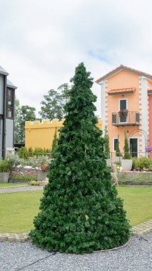 Mekanın fotoğrafları: Çam ağaçları, süssüz Noel ağaçları, çakıl ve çimlerin üzerinde durmak. Çevrede Avrupa evleri şeklinde çeşitli renklerde yüksek binalar var.. 