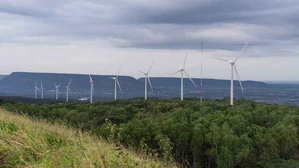 White turbine pillars arranged in a long line. The new size is tall and clearly visible. Below is the forest. with dense trees In the distance, horizontal mountains are visible. There is fog covering
