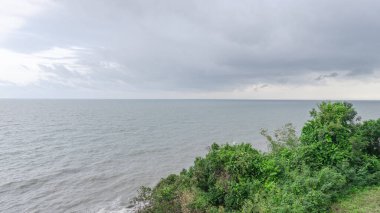 Deniz kenarındaki kayalıklarda hem küçük hem de büyük bloklar var. Suyla yıkanan bir uçurum var. Su bariyeri görevi gören bir uçurum. Ve eğilen deniz kenarındaki ağaçlar.