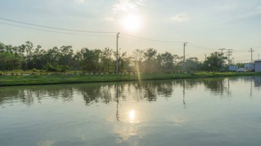 Akşamları göletin yakınındaki manzaranın resmi. Güneş batmaya başladı. Ama çok bulut yok. Böylece büyük güneşi net bir şekilde görebilirsiniz. Gölet boyunca düzgün dikilmiş ağaçlar var.. 
