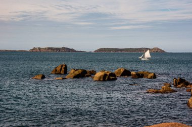 Ploumanach, Brittany, Fransa 'daki çarpıcı Pembe Granit Sahili boyunca kristal berrak sularıyla sakin bir yaz günü..