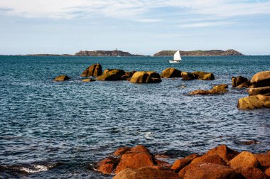 Ploumanach, Brittany, Fransa 'daki çarpıcı Pembe Granit Sahili boyunca kristal berrak sularıyla sakin bir yaz günü..