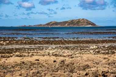 Fransa 'nın Louannec kentindeki Brittany sahilinden nefes kesici okyanus manzarası denizin ve sahil şeridinin güzelliğini gözler önüne seriyor..