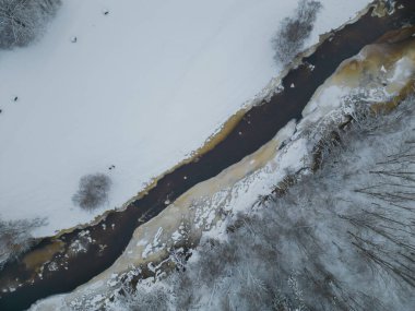 Drone fotoğrafı, kış sahnesi, Estonya doğası. Nehir karla kaplı bir tarla ve ormanın içinden akar. Yüksek kalite fotoğraf