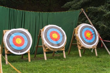 Three targets for archery in nature, close-up photo. High quality photo