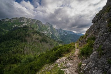 Mountain landscape in Zakopane. Hiking trail in the Tatras on a summer day, cloudy sky. High quality photo