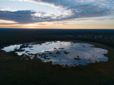 Nature of Estonia. Lake on the Seli swamp at sunset. View from a drone. Clouds are reflected in the water. High quality photo