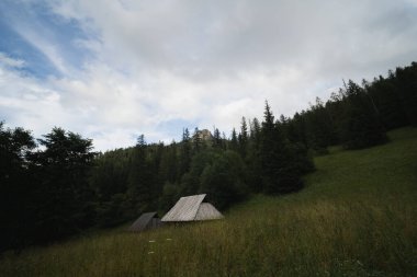 Foot of the mountain and wooden huts in the national park in the Tatra Mountains, Zakopane. High quality photo