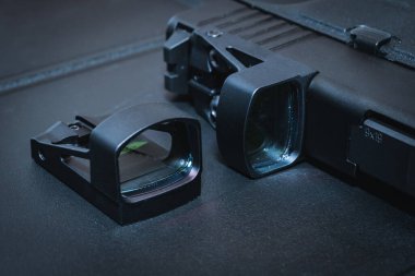 Modern Red dot sights for pistols. Close-up photo. High quality photo