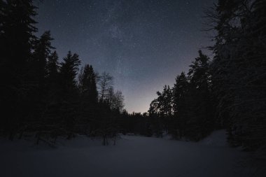 Kışın gece sahnesi, yıldızlı gökyüzü ve donmuş nehir, Estonya doğası. Yüksek kalite fotoğraf