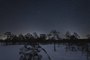 Gece sahnesi, kışın Estonya doğası, Virüs 'te gözlem kulesi ve yıldızlı gökyüzü. 
