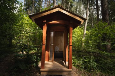 Yazın Estonya 'da ormandaki ahşap tuvalet. Yüksek kalite fotoğraf