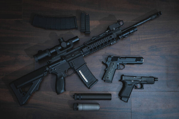 Firearms for civilian use to protect oneself or valuables. Pistols, rifles and silencers. High quality photo