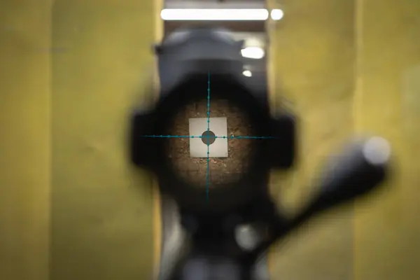 View through the optical sight of a sniper rifle at a target in a shooting range. High quality photo