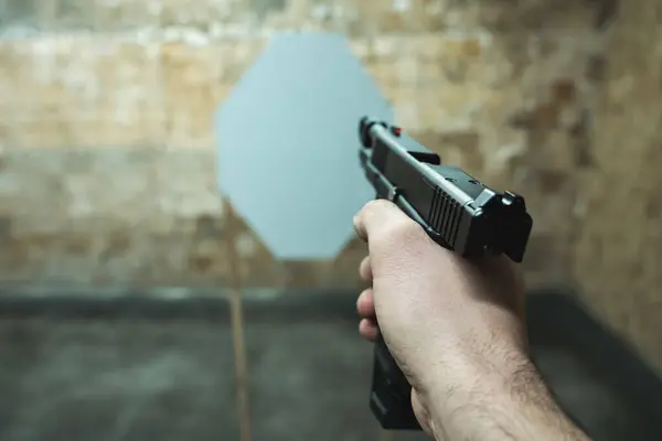Pistol Man Hand Aimed Paper Target Shooting Range High Quality — Stock Photo, Image