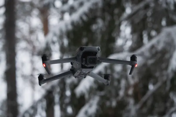 Kışın ormanda uçan bir kamerayla insansız hava aracı, yakın plan fotoğraf.. 