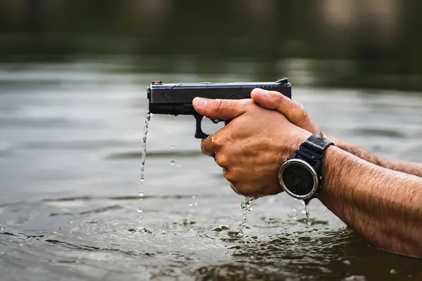 Baltic States August 2023 Wet Glock Pistol Hands Military Man — Stock Photo, Image