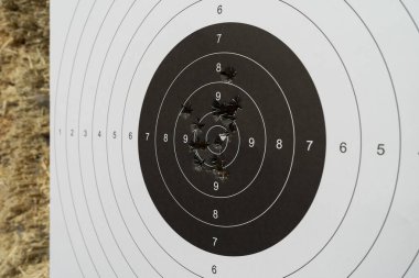 Tahta bir kurşun kovanı üzerinde atış poligonunda kurşun delikleri olan kağıt bir hedef. Fotoğrafı kapat.. 