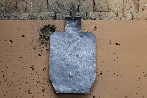 Atış poligonunda siluet şeklindeki metal bir hedef bir kurşun tutucuya, yakın çekim fotoğrafına tutunur.. 