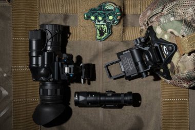 Baltics September 15, 2024. Night vision monocular gt14, cap and ir weapon flashlight Surefire m340v. clipart