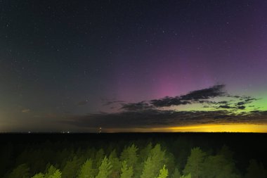 Gece yıldızlı gökyüzü, bulutlar çam ormanı ve doğa fenomeni kuzey ışıkları. Estonya doğası.