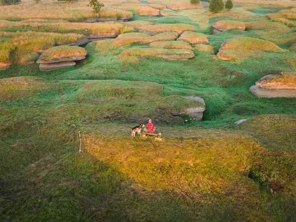 stock image Karst zone in Kostivere, Estonian nature. A guy sitting on a bench with a husky dog ?? in a karst field on a summer evening, drone point of view.