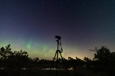 Night astrophotography, camera on a tripod during the northern lights and starry sky. Estonian nature.  clipart