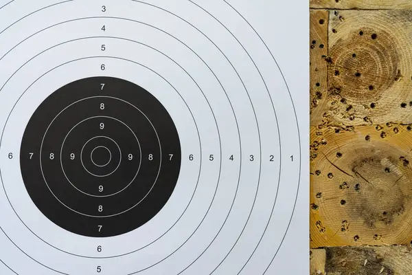 Atış poligonu, ahşap bir kurşun tuzağı duvarına ateş etmek için klasik hedef, yakın plan fotoğraf..