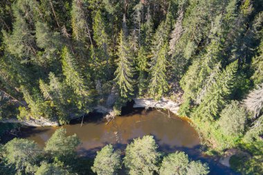 Estonya doğası, Vaike Taevaskoja kumtaşı ve yaz sabahı mağara, insansız hava aracının fotoğraf görüntüsü. Ağaçlı bölge, uçurum ve nehir.