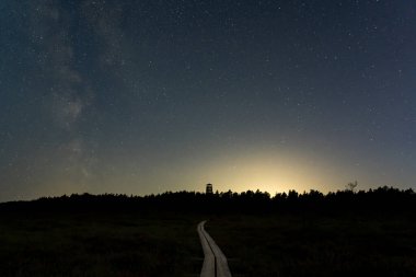 Karanlık bir gecede Juminda bataklığında yürüyüş yapmak. Yıldızlı gökyüzü ve Samanyolu. Estonya doğası. 