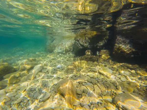 Fransız Rivierası 'nda deniz altı manzarası. Kristal berrak turkuaz su, güneş ışığıyla yıkanmış kayalık bir deniz yatağını ortaya çıkarıyor. Seyahat, turizm ve doğa projeleri için mükemmel..