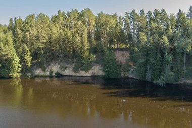 Taevaskoja 'daki Ahja Nehri üzerindeki kumtaşı uçurumu: İHA hava fotoğrafçılığı.