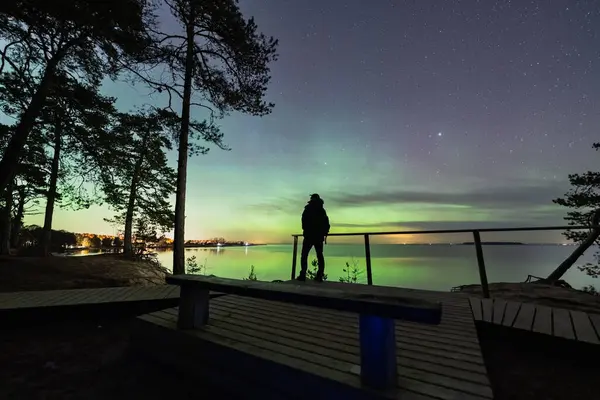 Estonya 'nın Kaberneeme şehrinde yıldızlı gece gökyüzünün altında büyülü kuzey ışıklarını izleyen bir insanın silueti..
