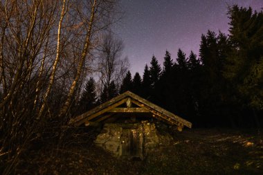 Karanlık bir ormanda saklı ahşap çatılı eski bir taş kök mahzeni, Kuzey Işıkları (Aurora Borealis) sergilenen yıldızlı bir gece gökyüzünün altında aydınlatılmıştır.).