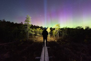 Karanlık bir bataklıkta, ahşap bir sahil yolunda siluet parıldayan kuzey ışıklarının olduğu yıldızlı gökyüzüne doğru el feneri tutar..