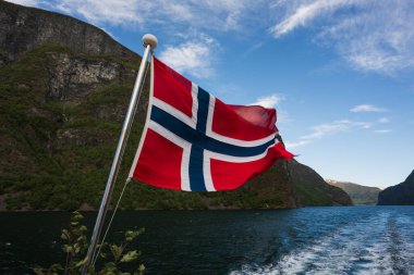 Görkemli bir Norveç bayrağı, nefes kesici fiyortlara ve bir tekne gezisi sırasında açık mavi gökyüzüne karşı dalgalanıyor..