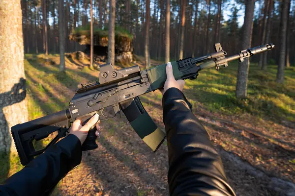 The Baltics - 1 Haziran 2025: AK-12 saldırı tüfeği Çam ormanında EOTech görüşlü, birinci şahıs görüşlü.