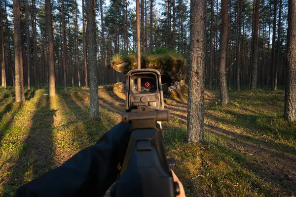 Ormanda holografik görüşü olan bir saldırı tüfeğini hedeflemek, birinci şahıs görüş, taktik eğitim kavramı.
