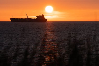 Baltık Denizi üzerinde gün batımı: Estonya kıyılarından bir kargo gemisinin siluetinin sazlıkları ve güneşin suya yansıması.