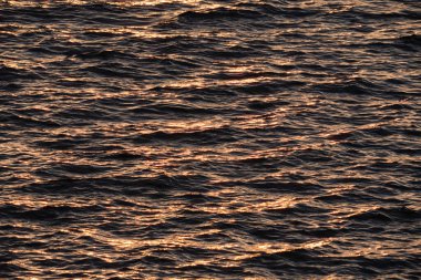 Gün batımından yansıyan altın yansımalarla karanlık bir su yüzeyine yakın çekim. Sıcak akşam ışığını yansıtan dalgaların soyut dokusu.