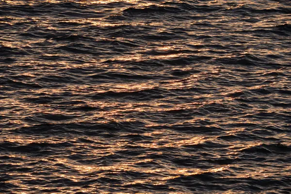 Gün batımından yansıyan altın yansımalarla karanlık bir su yüzeyine yakın çekim. Sıcak akşam ışığını yansıtan dalgaların soyut dokusu.