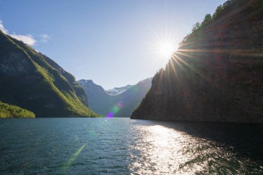 Parlak yaz güneşi, berrak bir gökyüzünün altındaki görkemli yeşil dağlarla çevrili sakin suyu yansıtan Norveç fiyordunun üzerinde parlıyor.. 