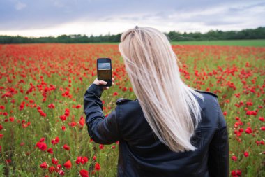 Arkadan görüntü: siyah ceketli bir bayan turist Estonya 'da seyahat ederken kırmızı haşhaş tarlasını akıllı telefonuyla fotoğraflıyor..